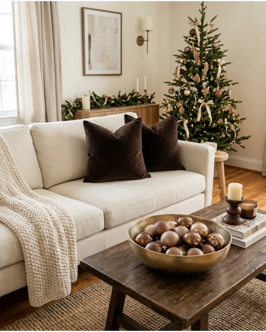19. Brown and Champagne Christmas Decor
