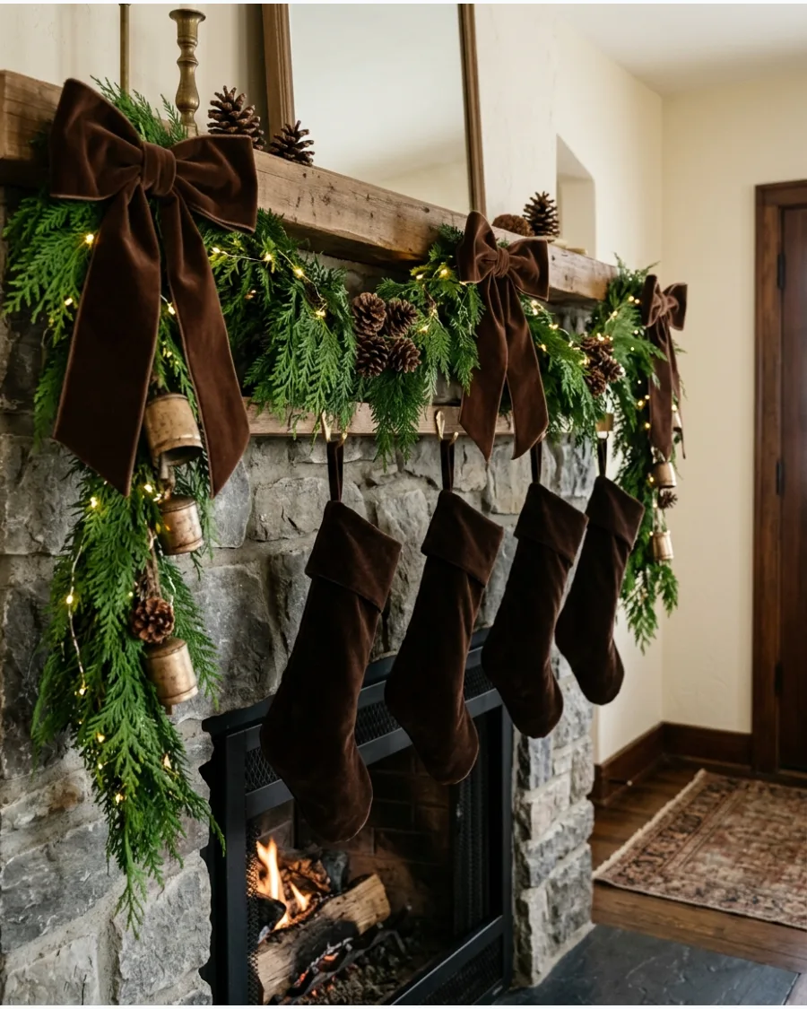 31. Chocolate Brown Christmas Fireplace Mantel