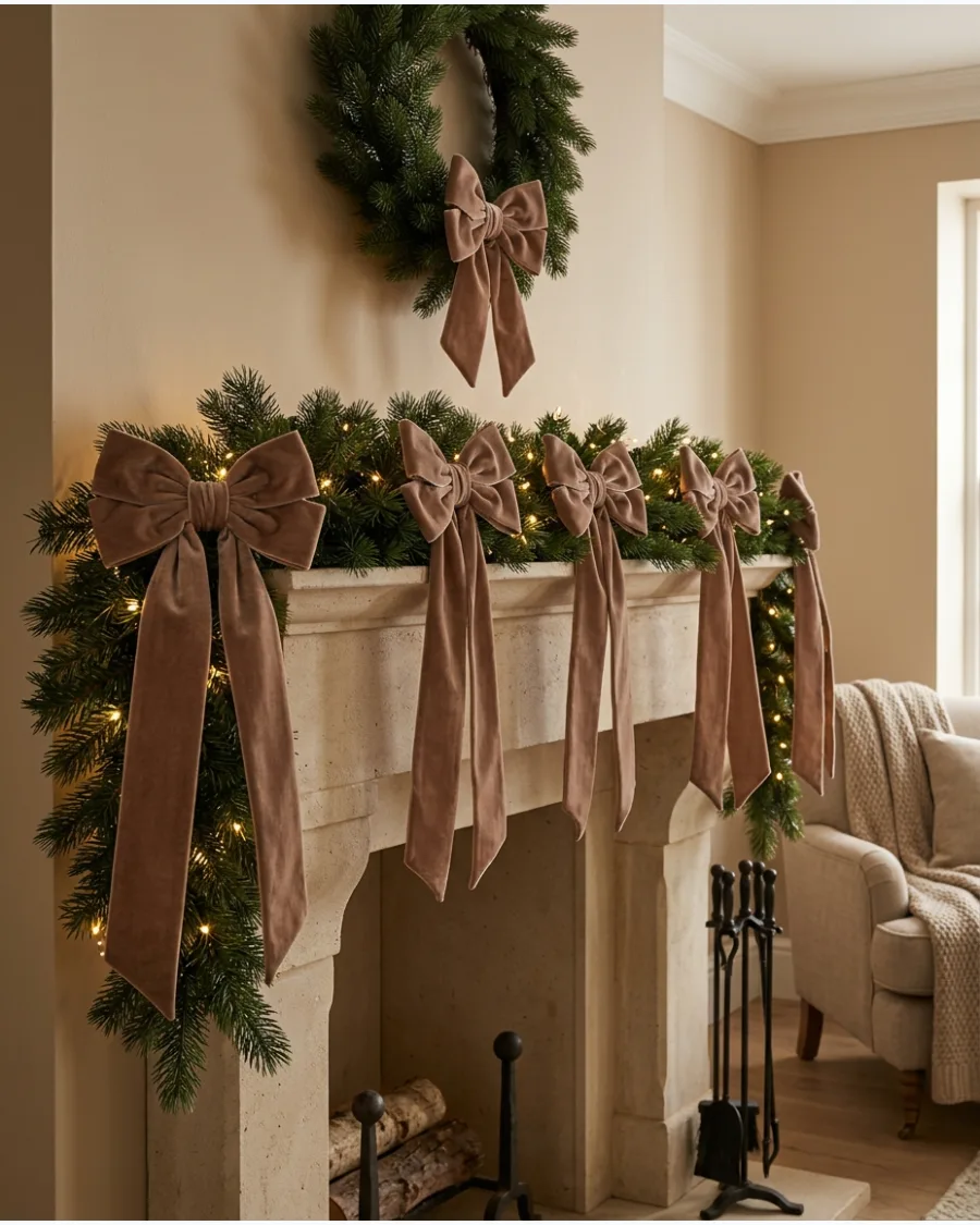 32. Mocha Velvet Bow Christmas Mantel