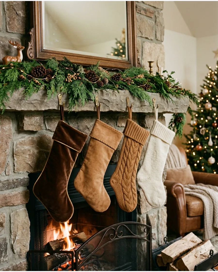33. Brown Christmas Stocking Fireplace