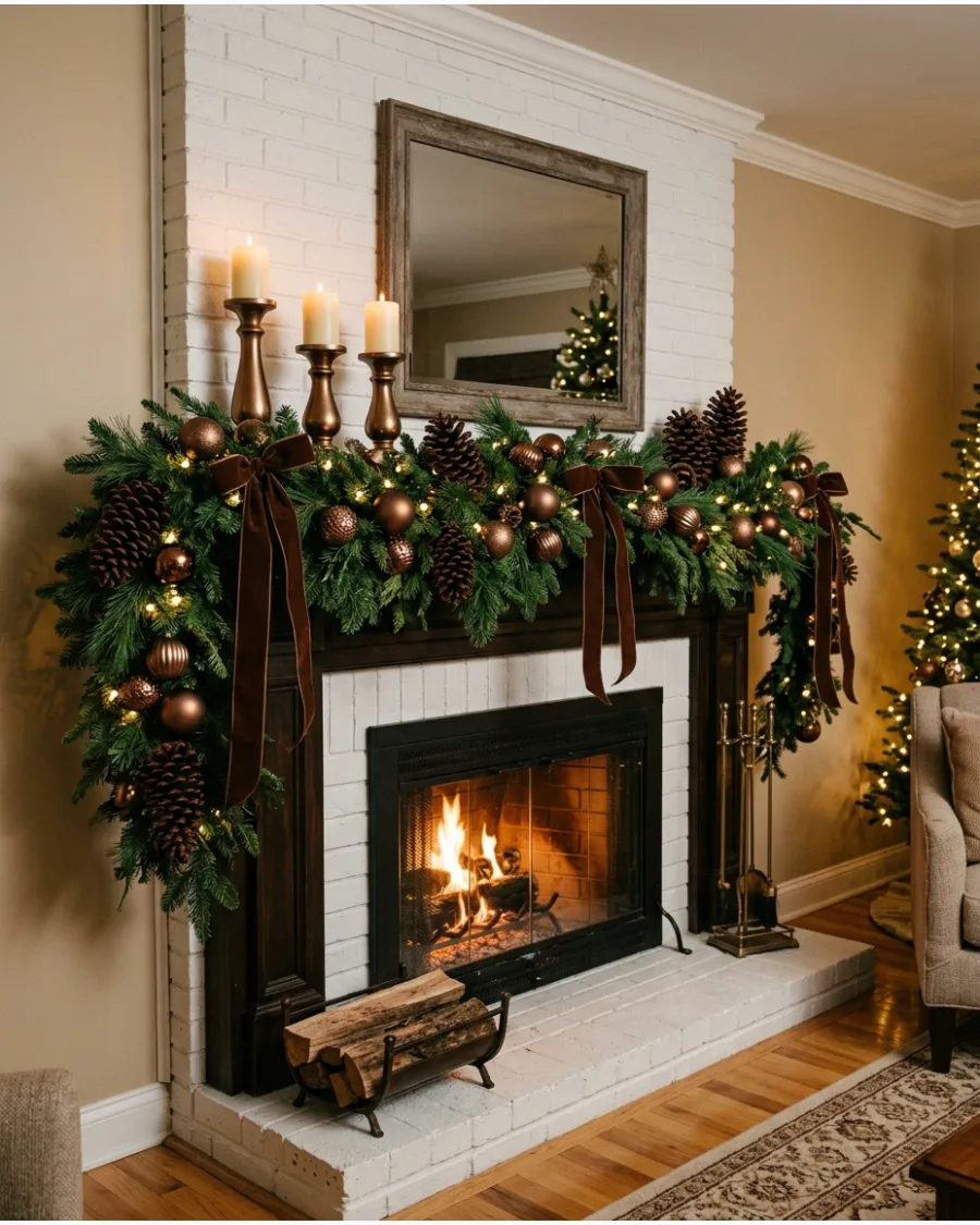 34. Brown and Bronze Christmas Mantel