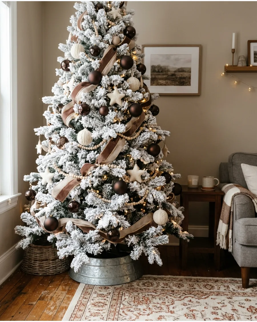 9. Flocked Brown and Cream Christmas Tree