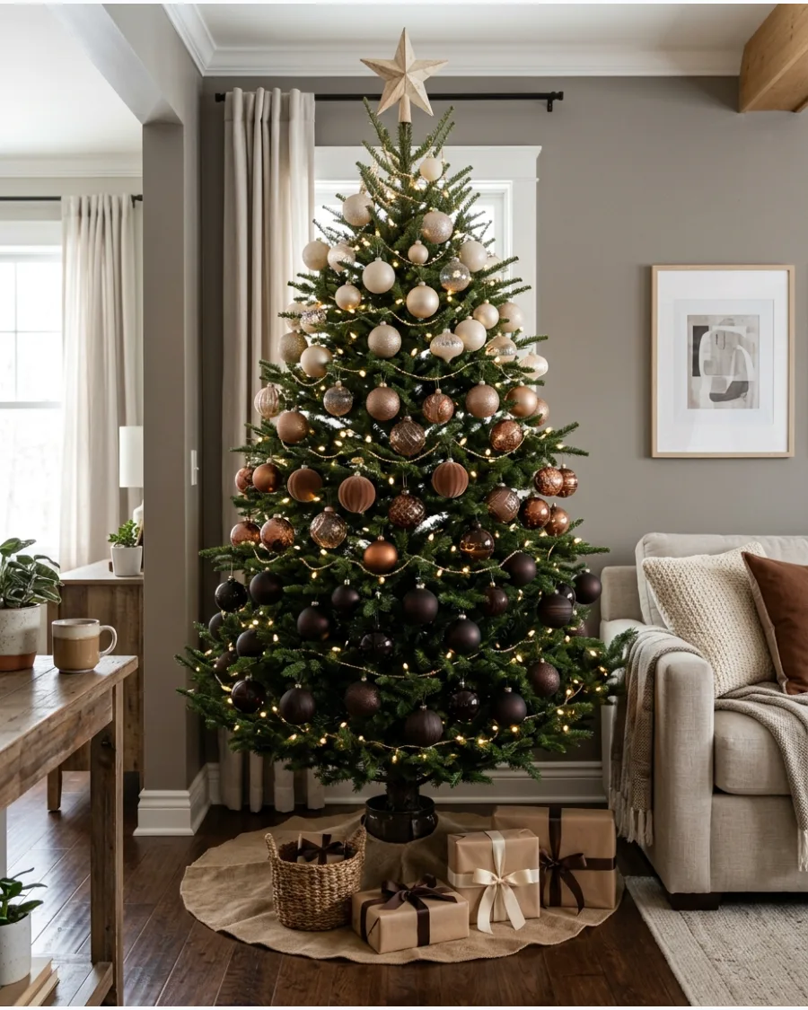 10. Layered Coffee-Tone Christmas Tree