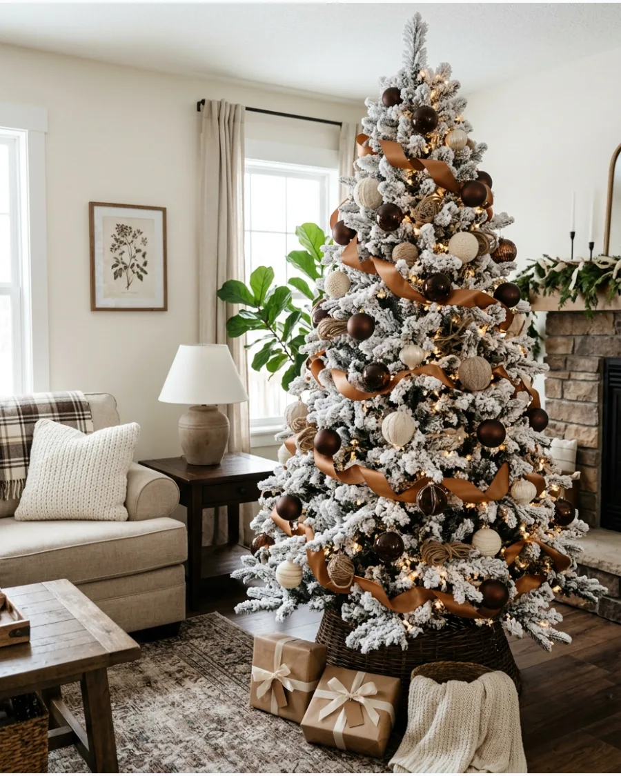 14. Brown and White Flocked Christmas Tree