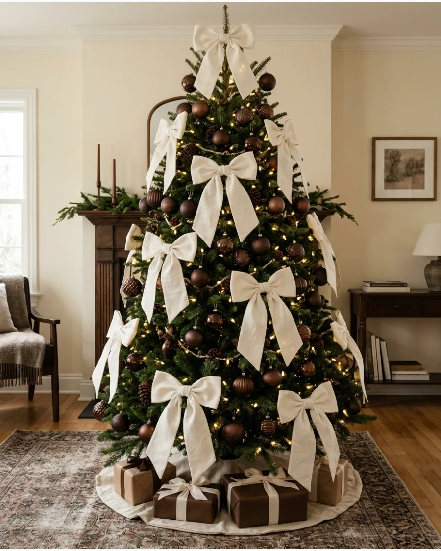 15. Cream Bow and Brown Ornament Christmas Tree