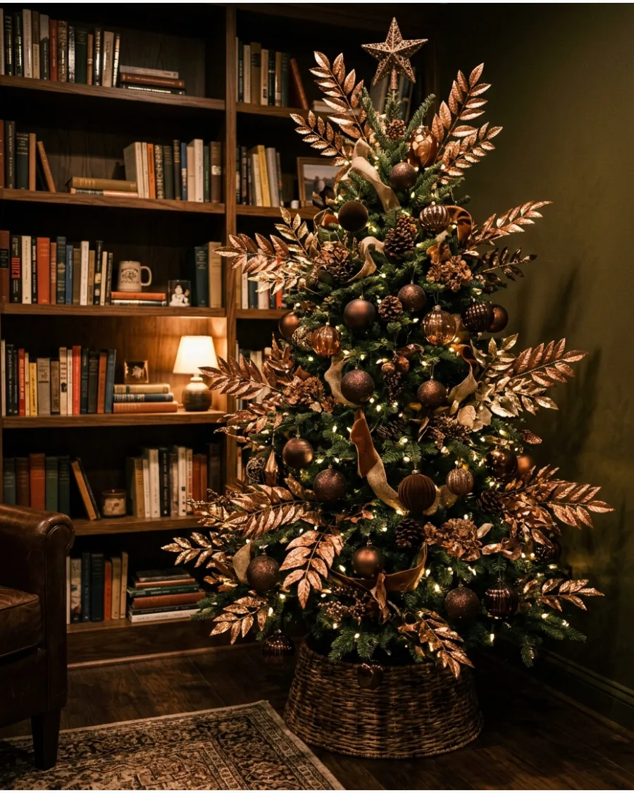 28. Brown Christmas Tree With Metallic Leaves