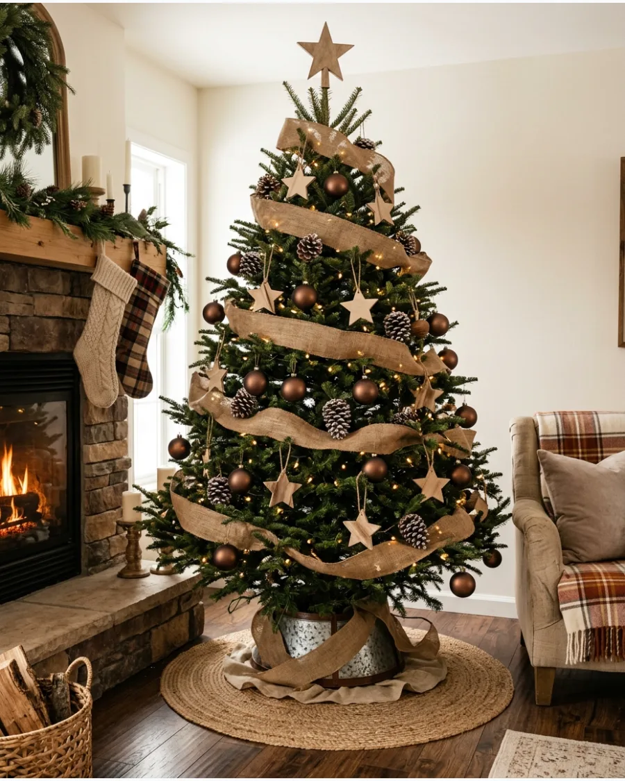 36. Rustic Burlap Brown Christmas Tree