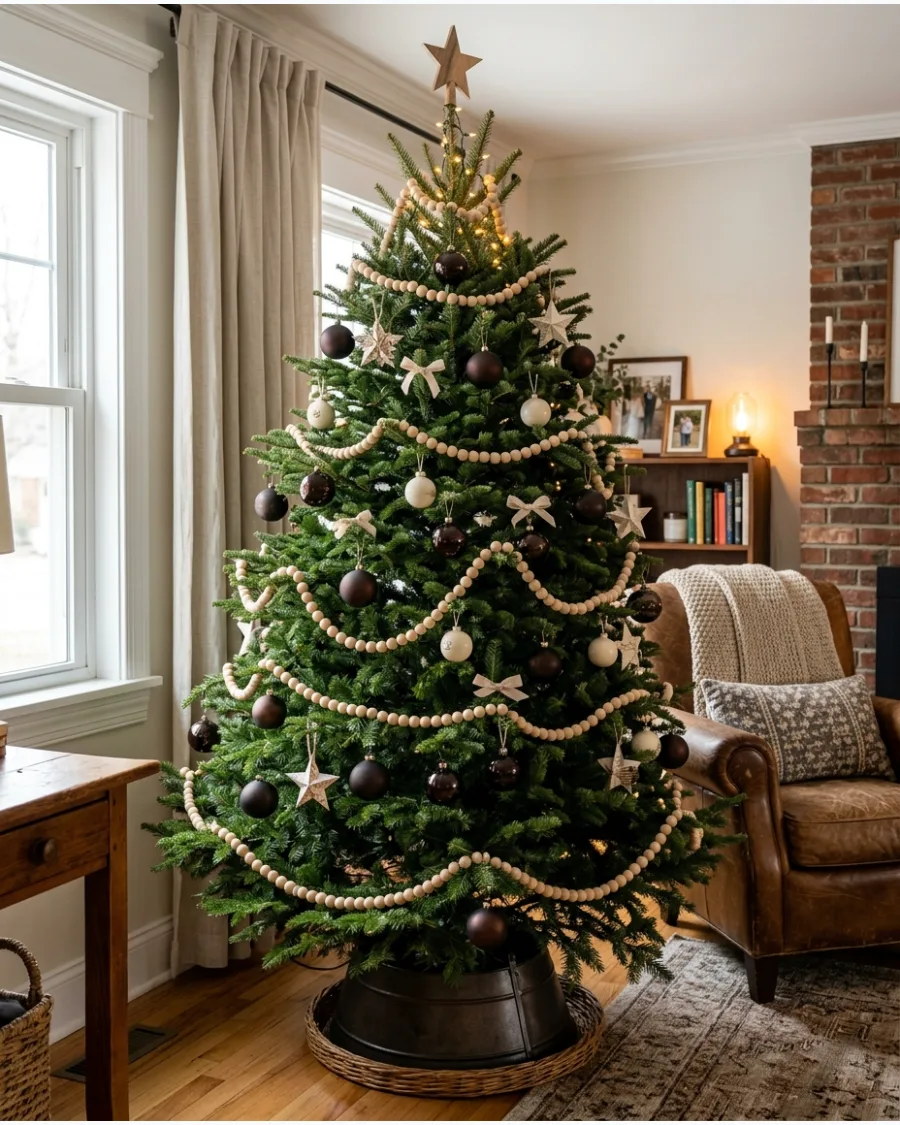 37. Brown Christmas Tree With Wooden Bead Garland