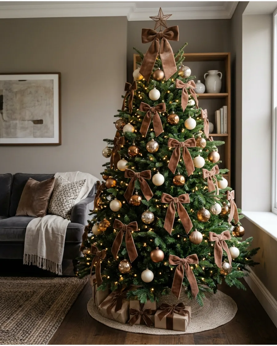 7. Mocha Velvet Bow Christmas Tree
