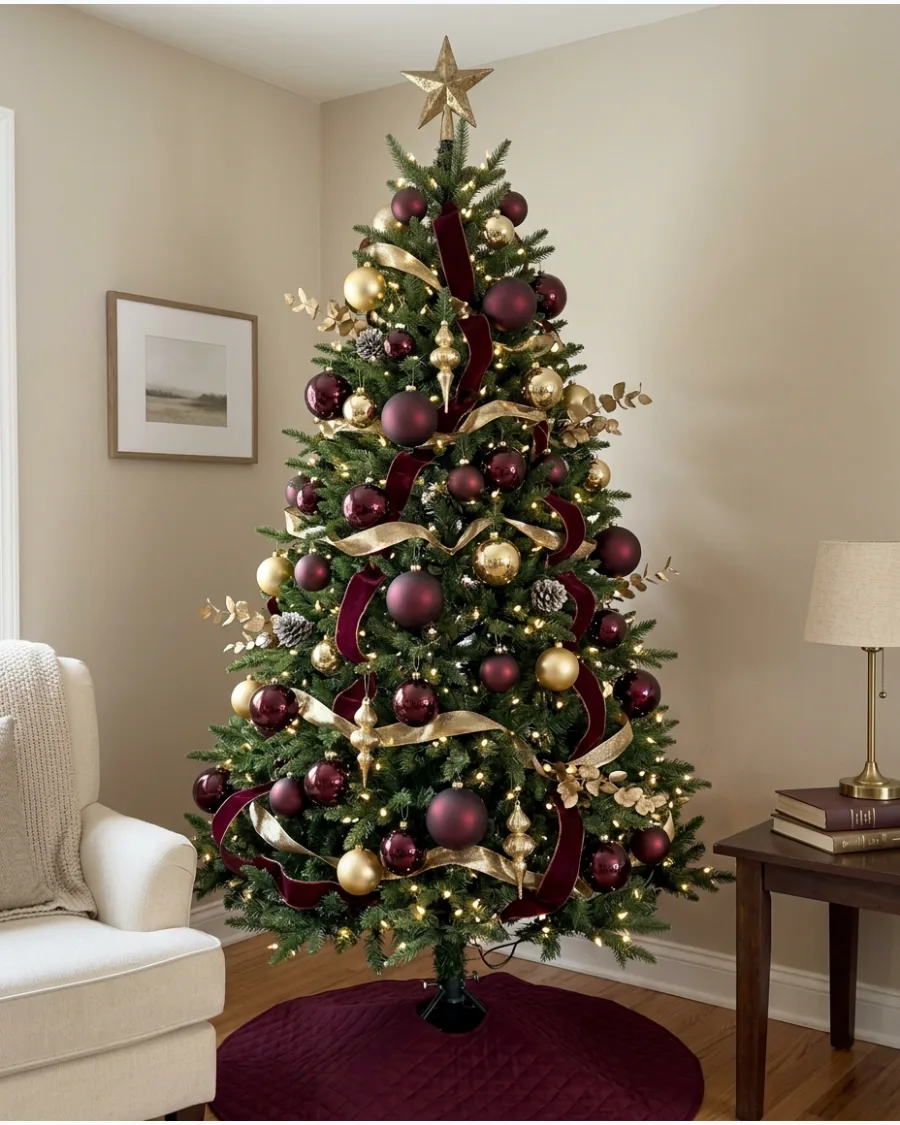 1. Classic Burgundy and Gold Christmas Tree