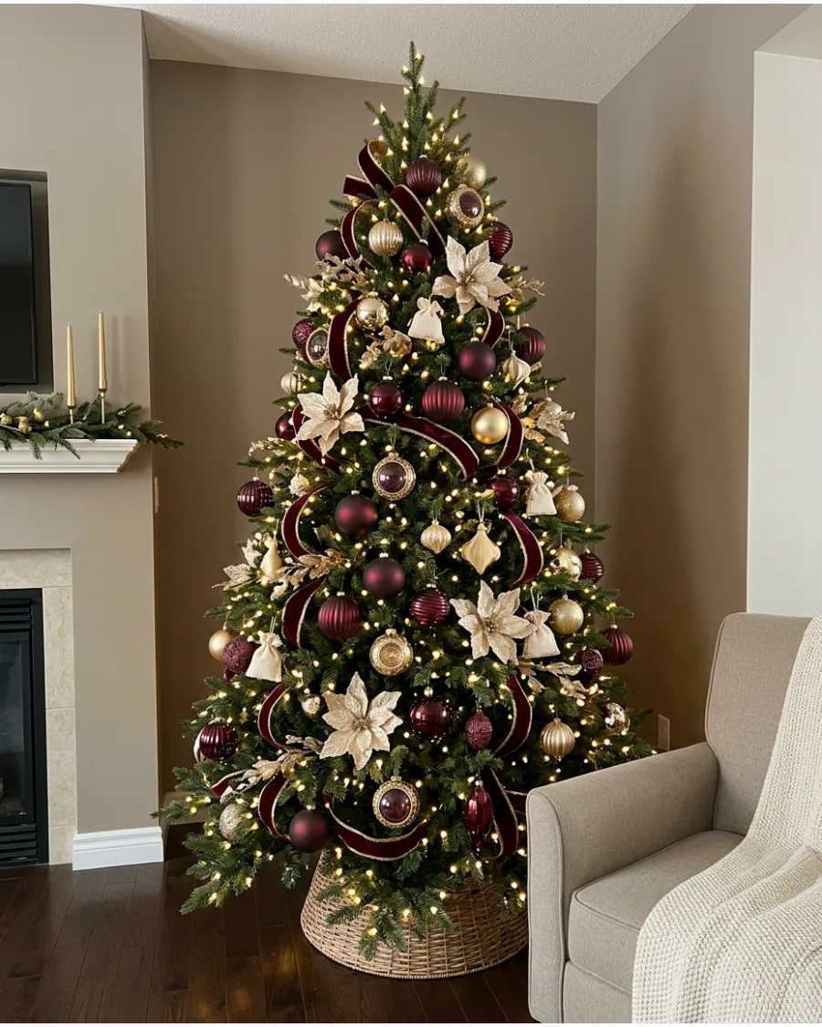 10. Burgundy, Gold, and Warm White Christmas Tree