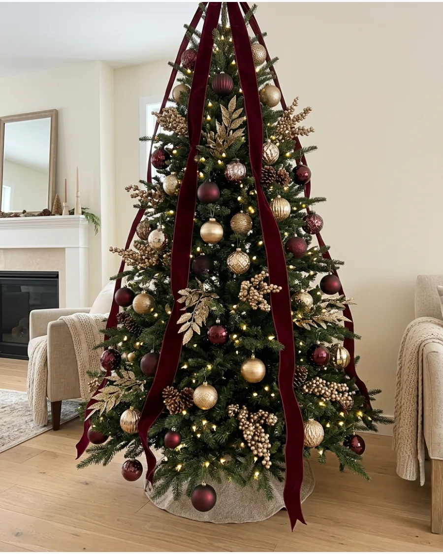 11. Cascading Burgundy Velvet Ribbon Christmas Tree