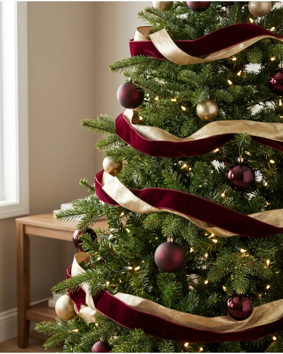 12. Burgundy and Gold Ribbon Layered Tree