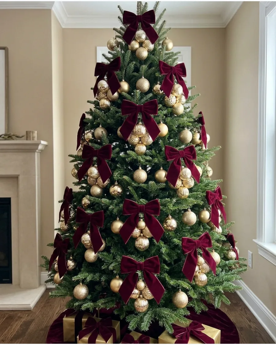 13. Burgundy Bows and Gold Baubles Christmas Tree