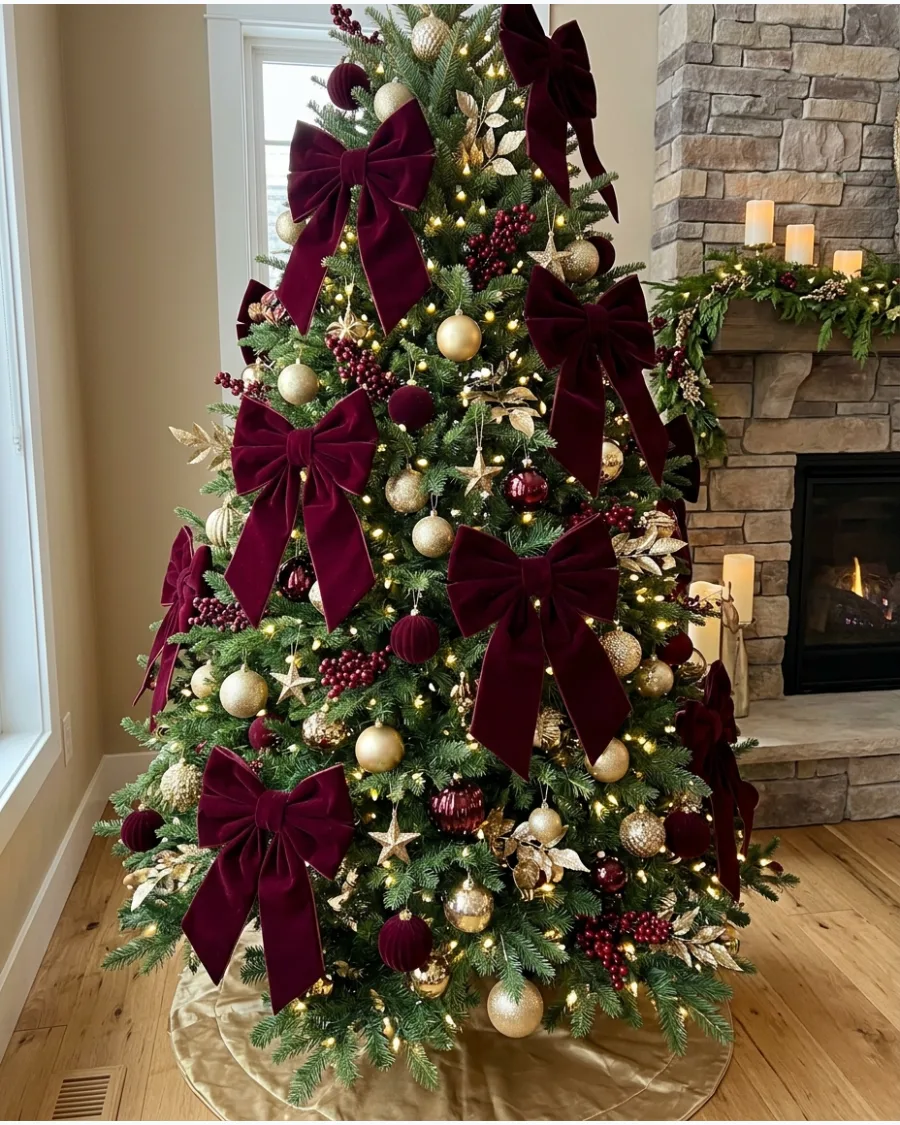 14. Oversized Burgundy Bow Christmas Tree
