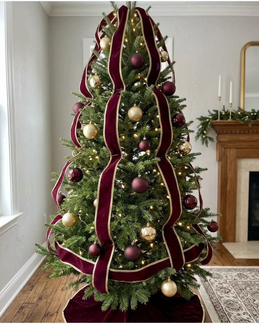 16. Burgundy Ribbon With Gold Trim Christmas Tree