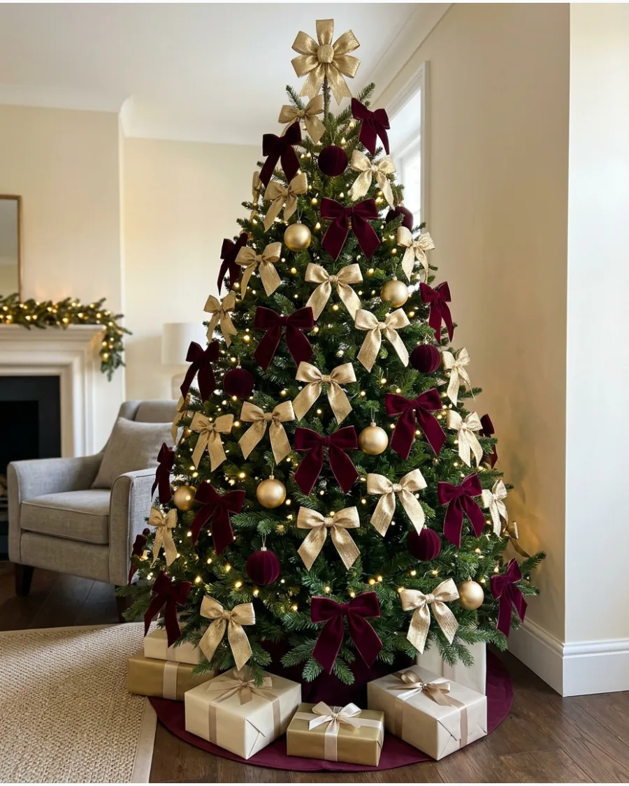 17. Burgundy and Gold Bow-Only Christmas Tree