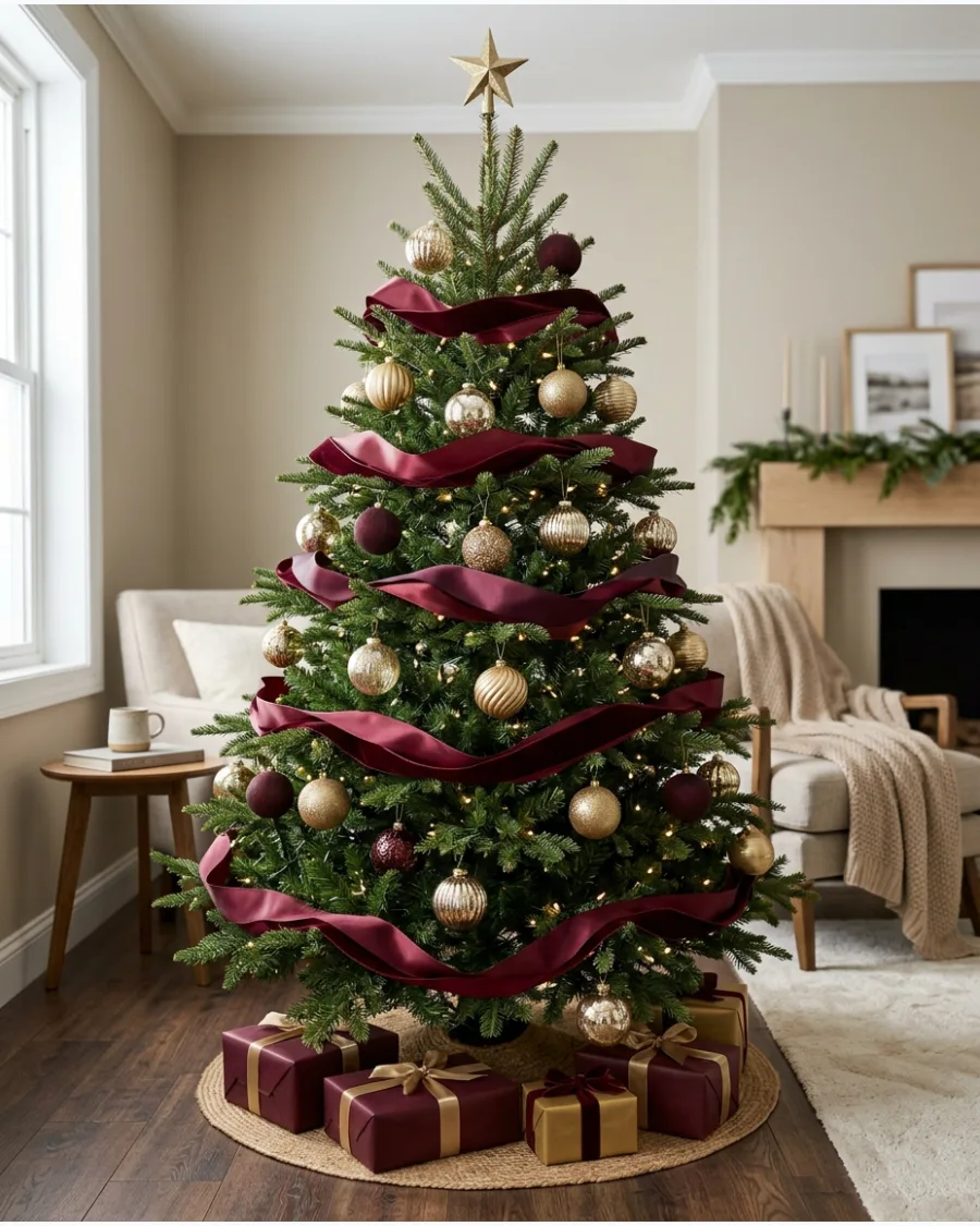 18. Burgundy Ribbon Swag Christmas Tree