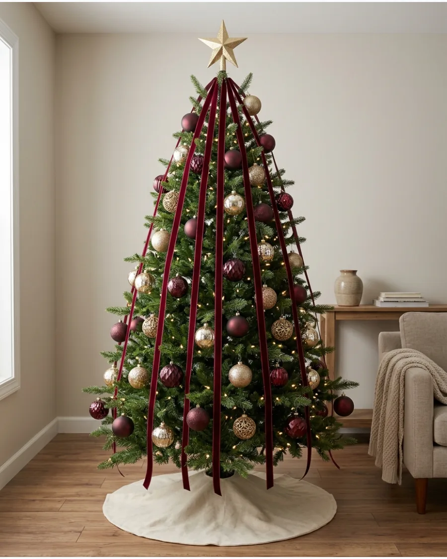 19. Burgundy Ribbon Waterfall Christmas Tree