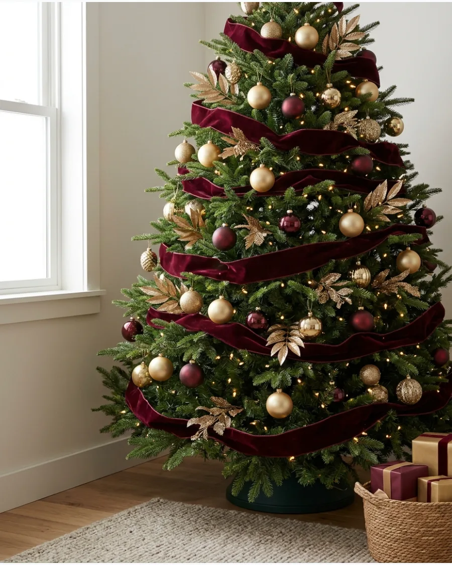 2. Burgundy Velvet and Gold Christmas Tree