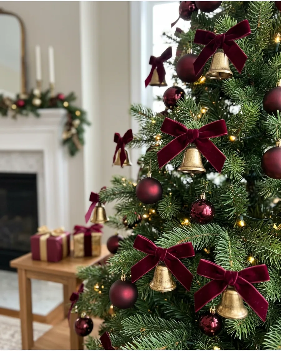 20. Burgundy Velvet Bows With Gold Bells Tree