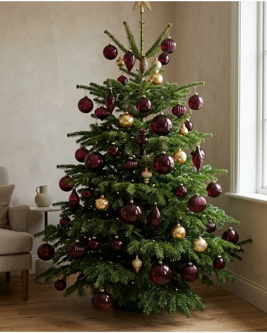21. Burgundy Glass Ornament and Gold Christmas Tree