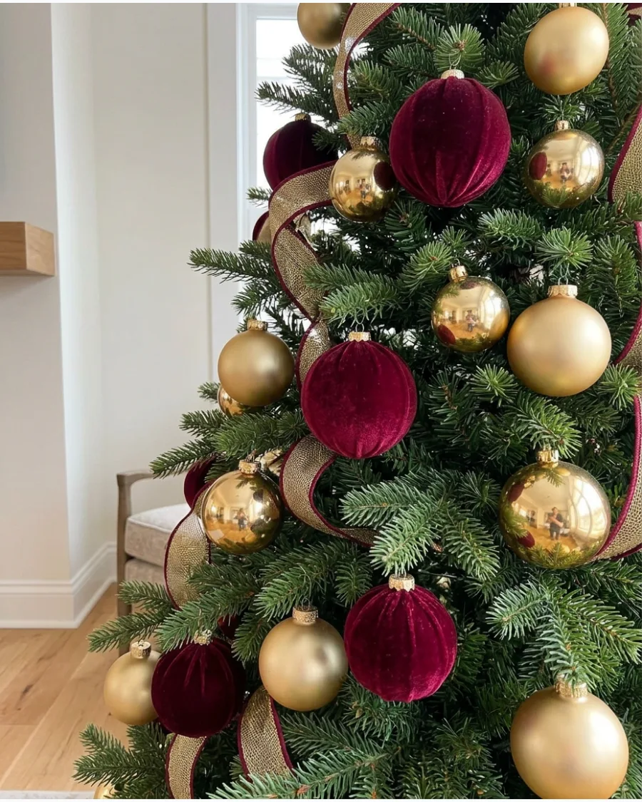 22. Burgundy Velvet Ornament and Gold Bauble Tree