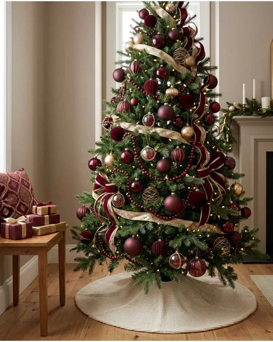 23. Mixed Burgundy Ornament Christmas Tree With Gold Accents