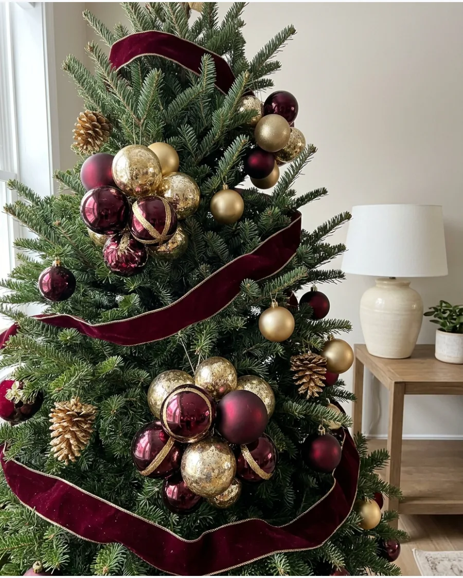 24. Burgundy and Gold Ornament Cluster Christmas Tree