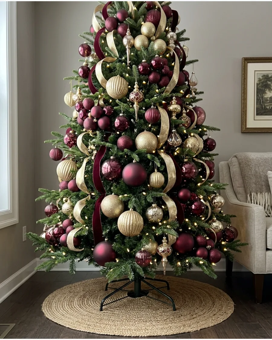 25. Oversized Burgundy and Gold Ornament Tree