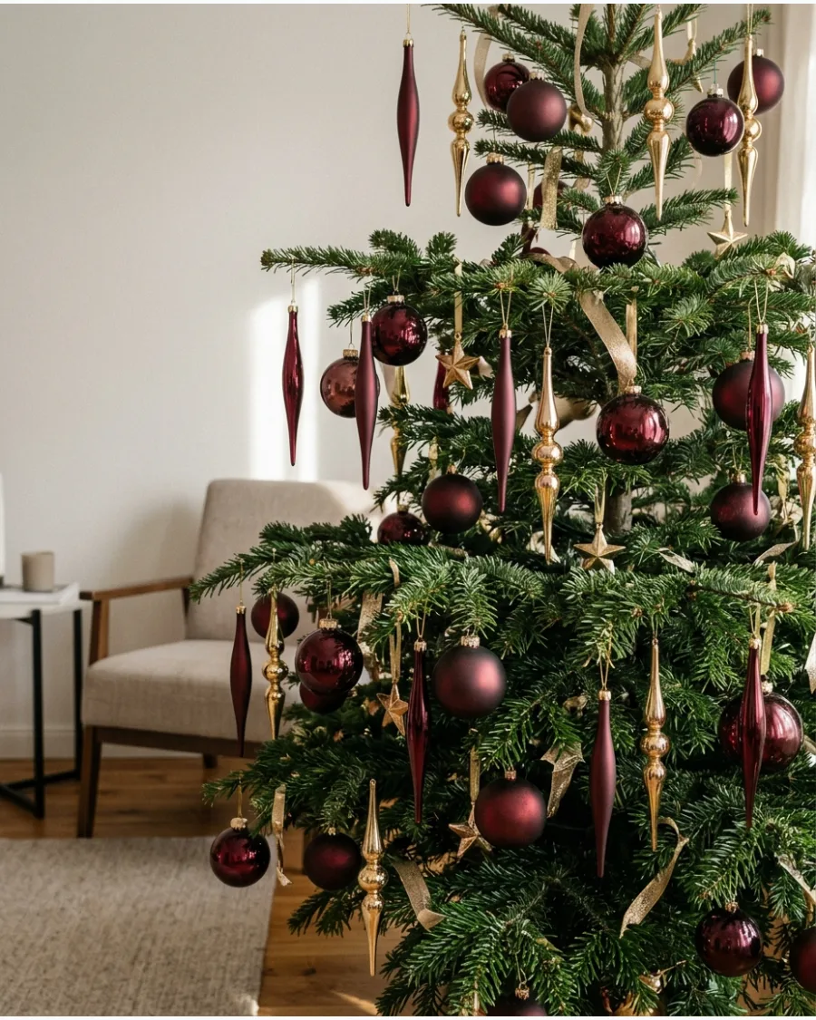 26. Burgundy Teardrop and Gold Finial Christmas Tree
