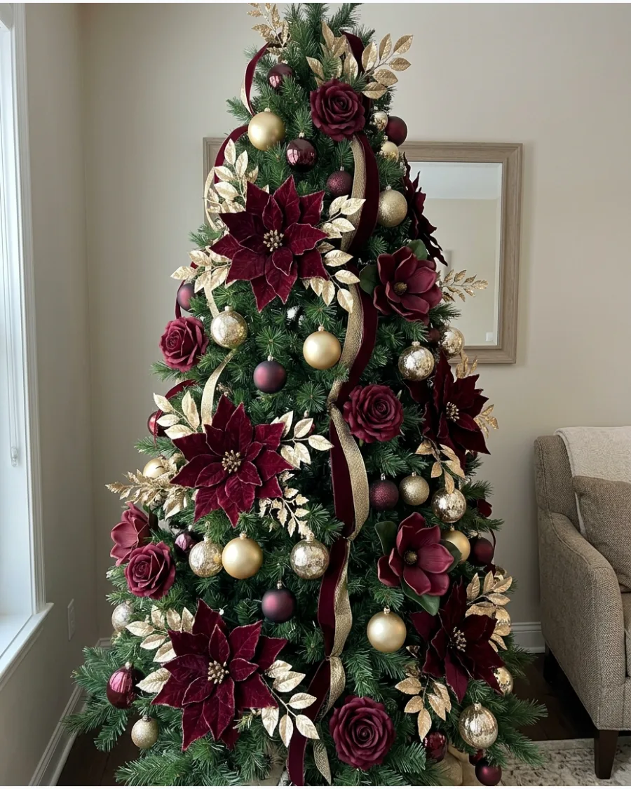 28. Burgundy Floral Ornament Christmas Tree