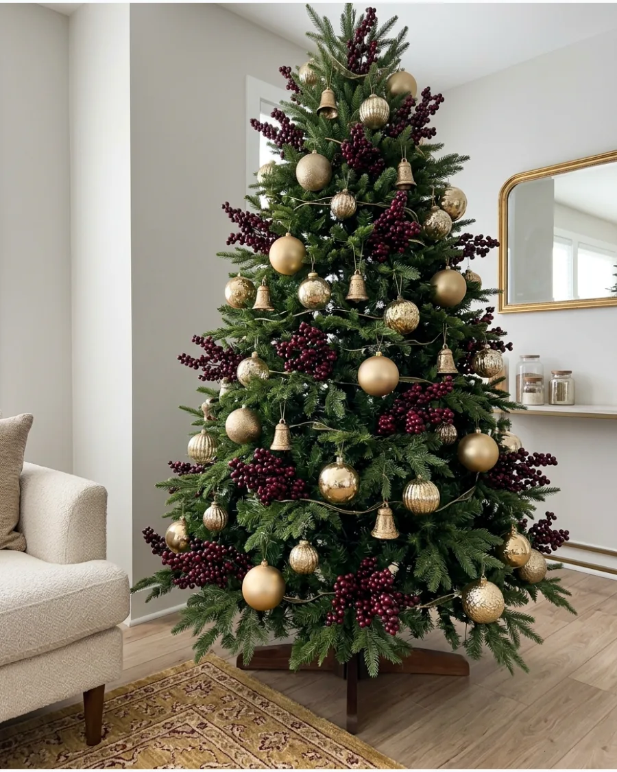 29. Burgundy Berry and Gold Ornament Christmas Tree