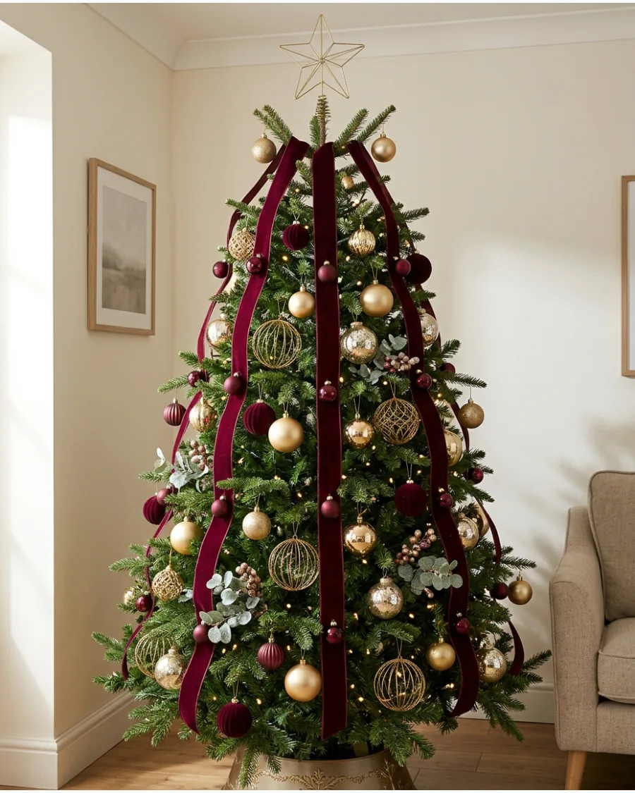 3. Burgundy Ribbon and Gold Ornament Christmas Tree