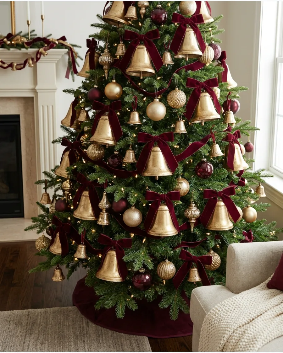 30. Burgundy and Gold Bell Christmas Tree