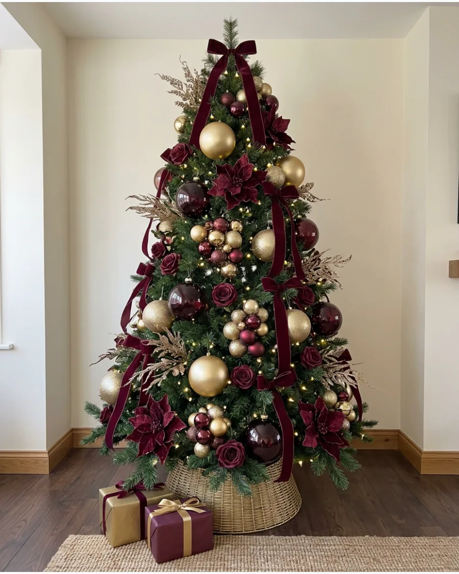 31. Luxury Burgundy and Gold Christmas Tree