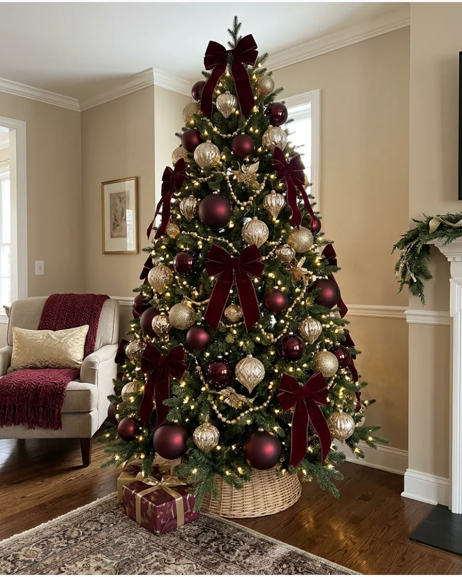 32. Burgundy and Gold Hotel-Style Christmas Tree