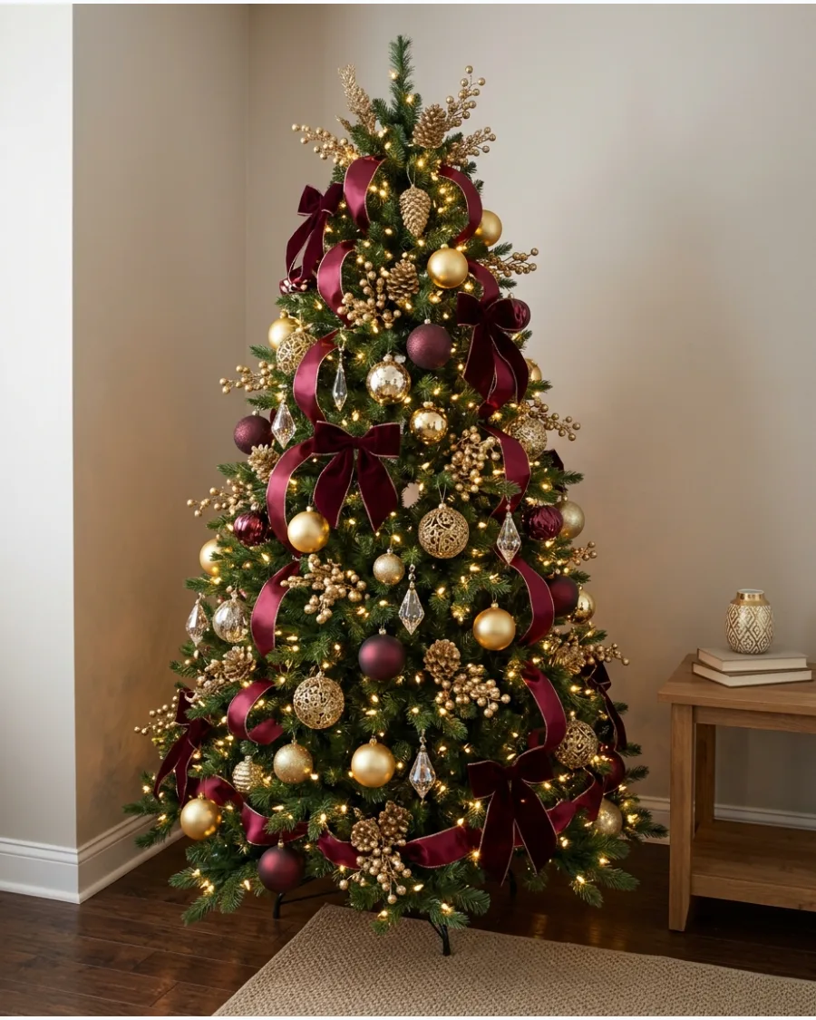 33. Burgundy and Gold Glam Christmas Tree
