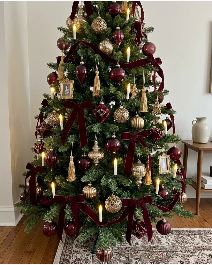 35. Burgundy and Gold Victorian-Inspired Christmas Tree