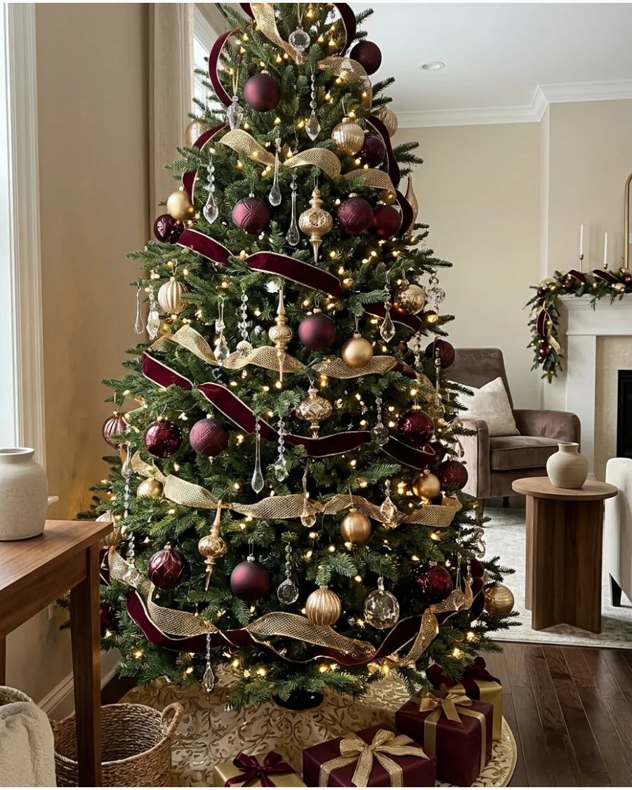 37. Burgundy, Gold, and Crystal Christmas Tree