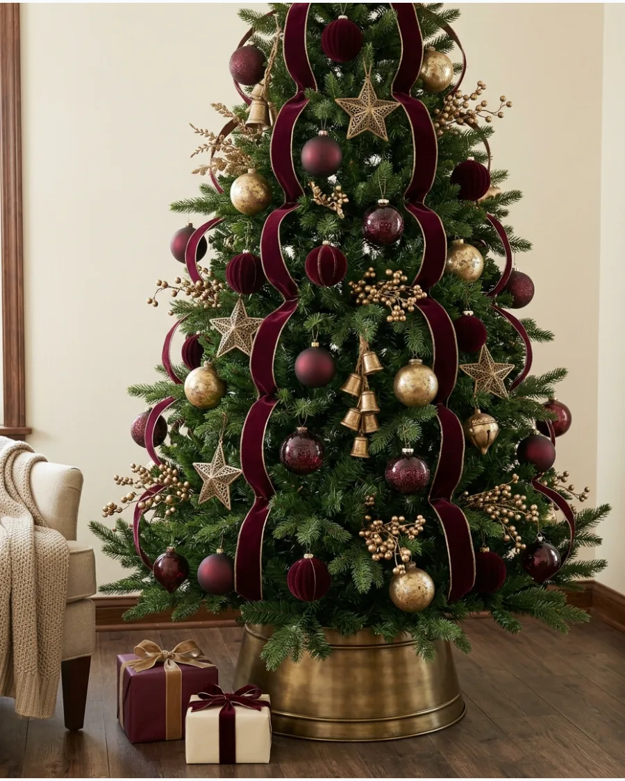 4. Burgundy and Antique Gold Christmas Tree