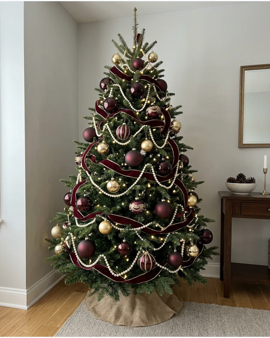 40. Burgundy and Gold With Pearl Accents Christmas Tree