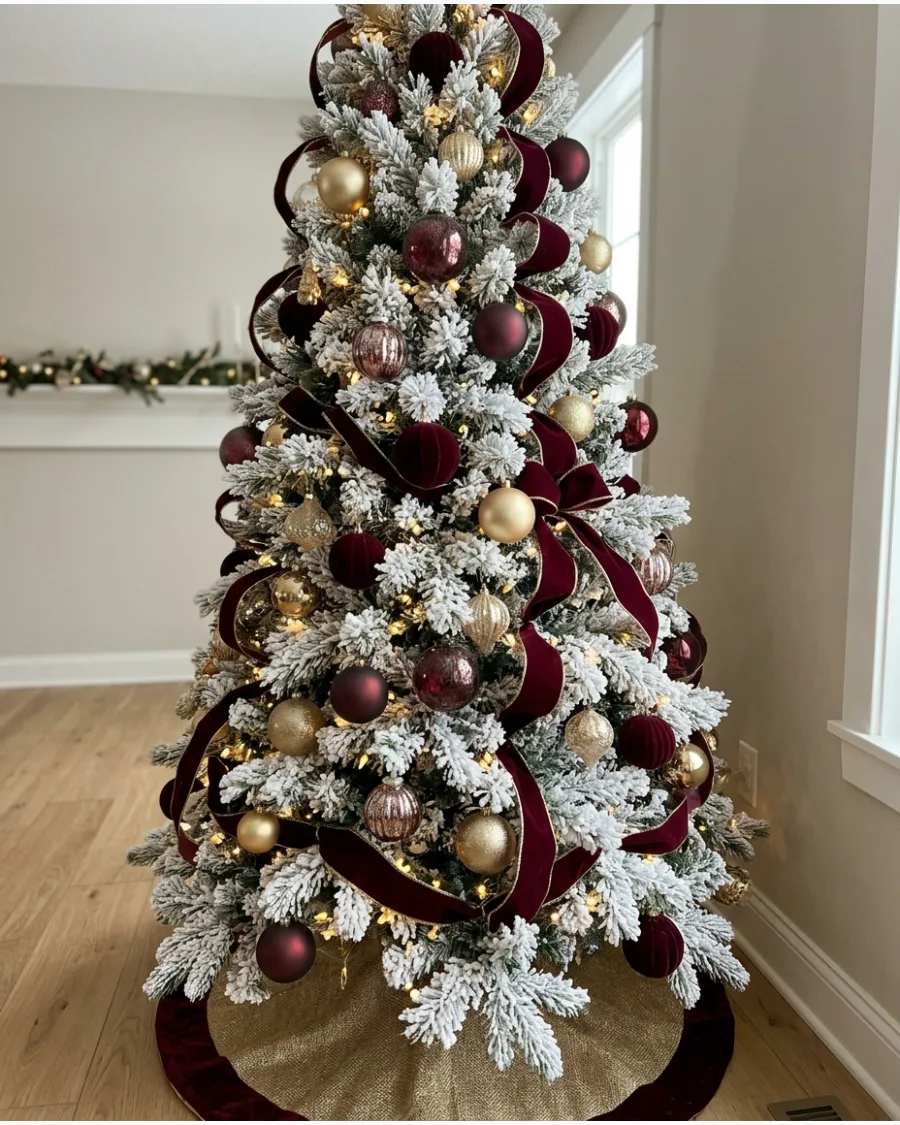 41. Flocked Burgundy and Gold Christmas Tree