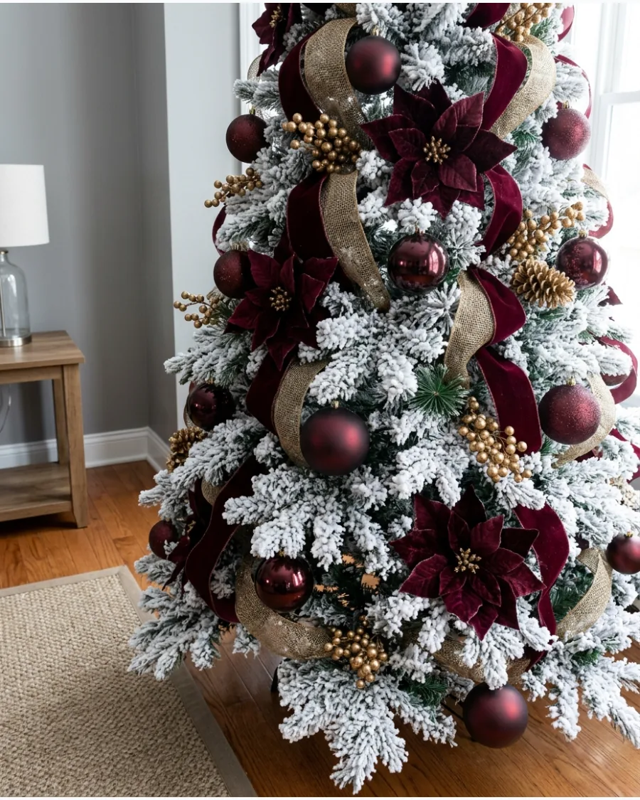 42. Heavily Flocked Burgundy and Gold Christmas Tree