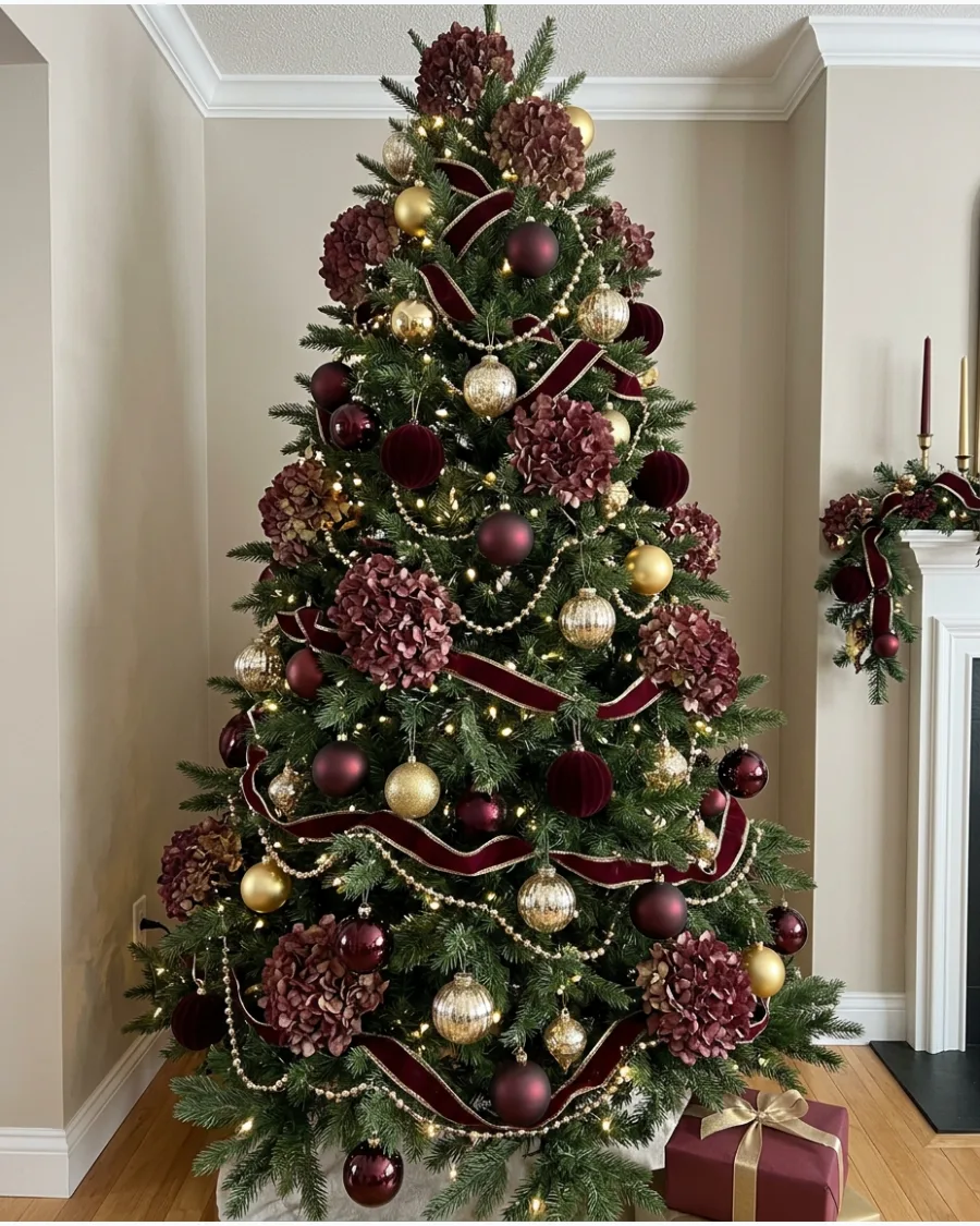 46. Burgundy and Gold Christmas Tree With Dried Hydrangeas