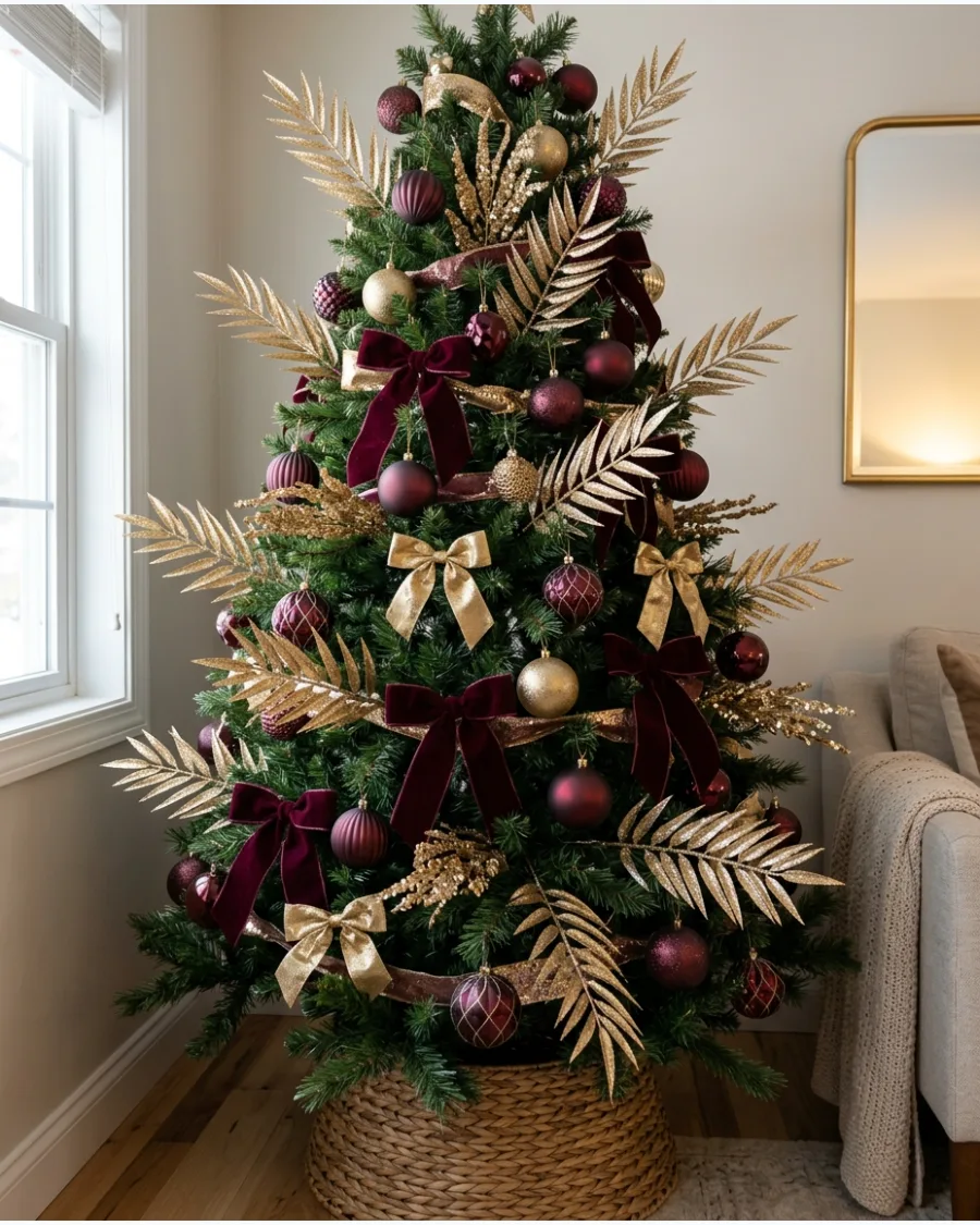 47. Burgundy and Gold Christmas Tree With Gold Leaf Picks