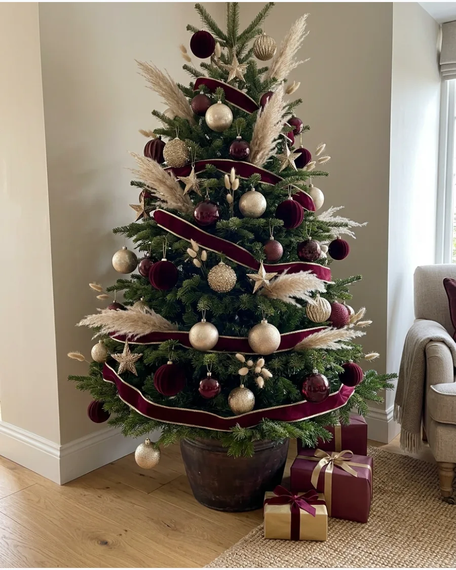 48. Burgundy and Gold Christmas Tree With Pampas Accents