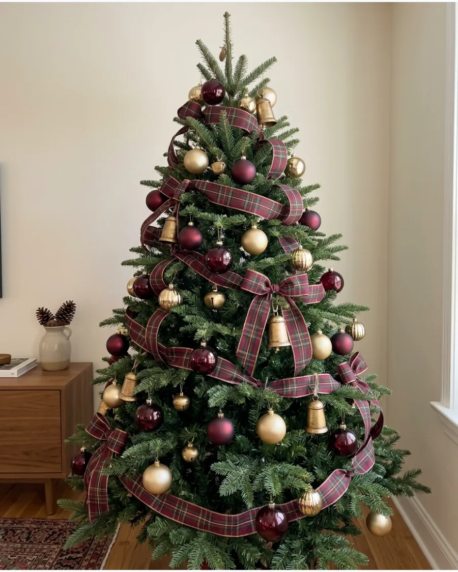 49. Burgundy and Gold Christmas Tree With Tartan