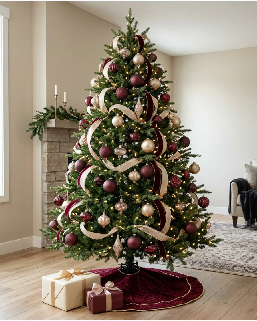 5. Burgundy and Champagne Gold Christmas Tree