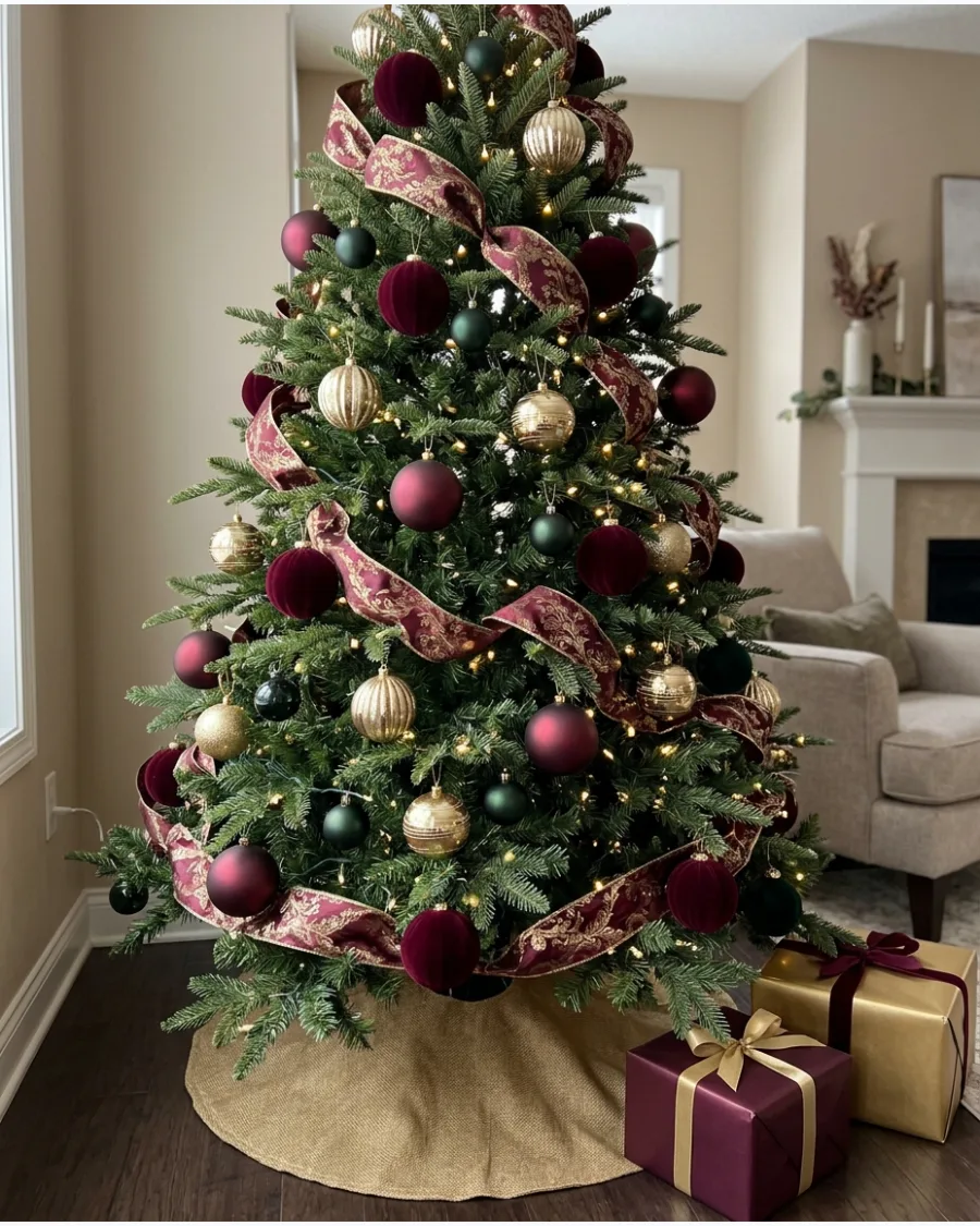 50. Burgundy, Gold, and Forest Green Christmas Tree
